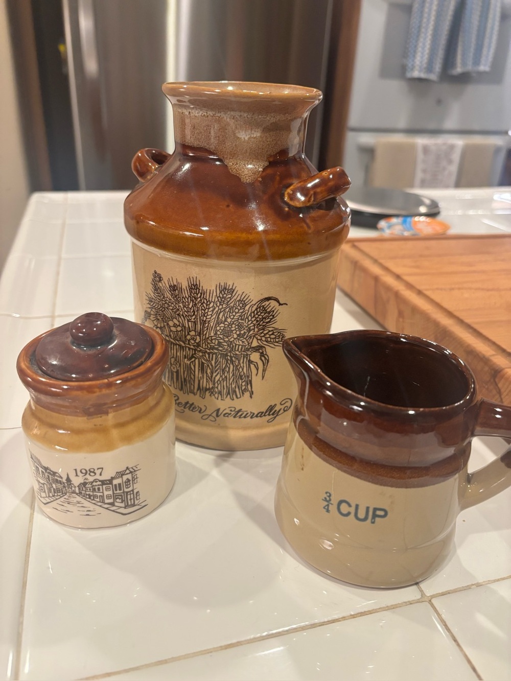 Brown Glazed Stoneware Pitcher and Crock Set - Rustic Farmhouse
